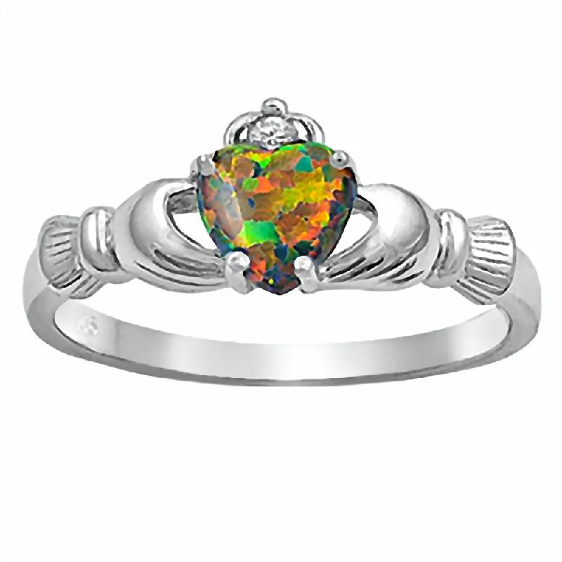 Jacelyn: 0.765ct Australian Black Opal Heart Claddagh Ring 925 Silver