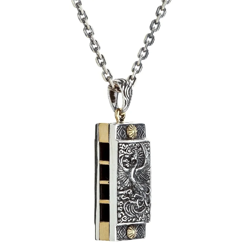 Japanese Phoenix Sterling Silver Harmonica Pendant Necklace