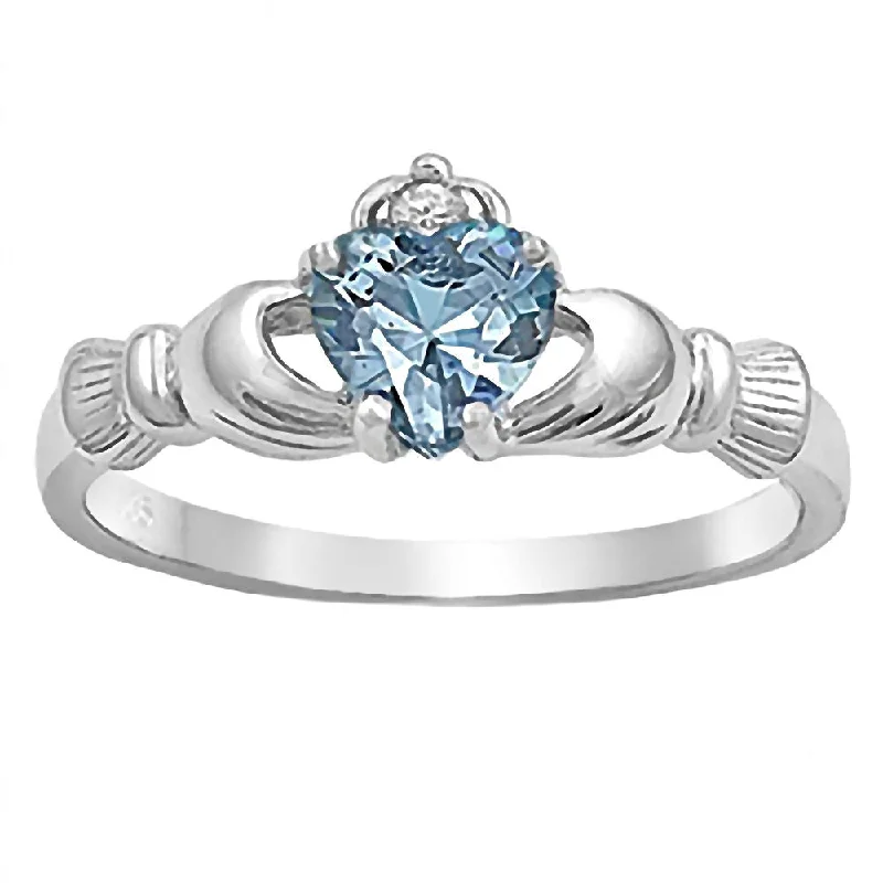 Kandice: 0.765ct Heart cut Aquamarine Claddagh Ring Sterling Silver