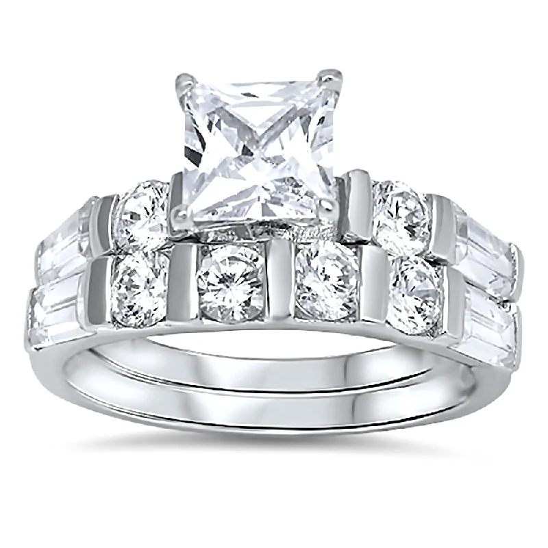 Kara: Princess Cut Ice on Fire CZ Womens 2pc Wedding Ring Set Sterling Silver