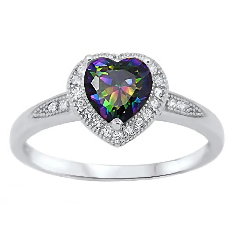 Kattia: 0.87ct Heart cut Mystic Rainbow Topaz with Round CZ Halo Promise Ring