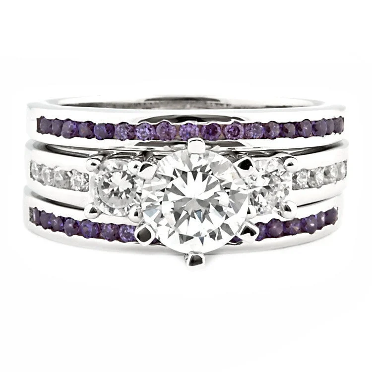 Lakoda 3AT: Stunning 1.58c IOF CZ and Amethyst 3 Pc Wedding Ring Set