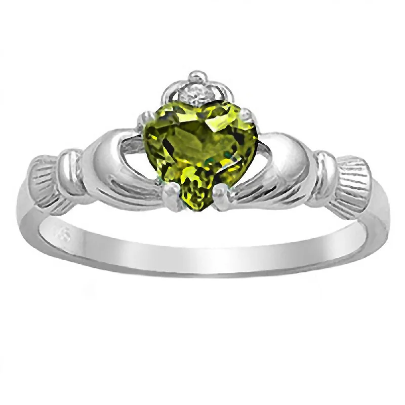 Liadan: 0.765ct Heart cut Peridot Ice CZ Claddagh Ring Silver