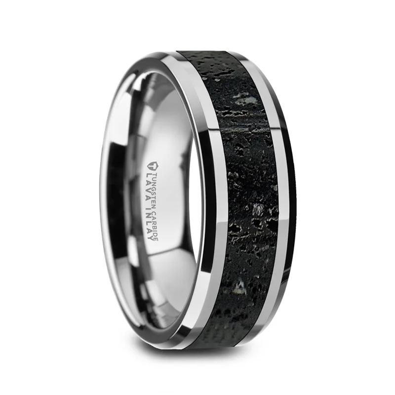 Men’s Polished Tungsten Wedding Band with Black & Gray Lava Rock Stone Inlay & Polished Beveled Edges