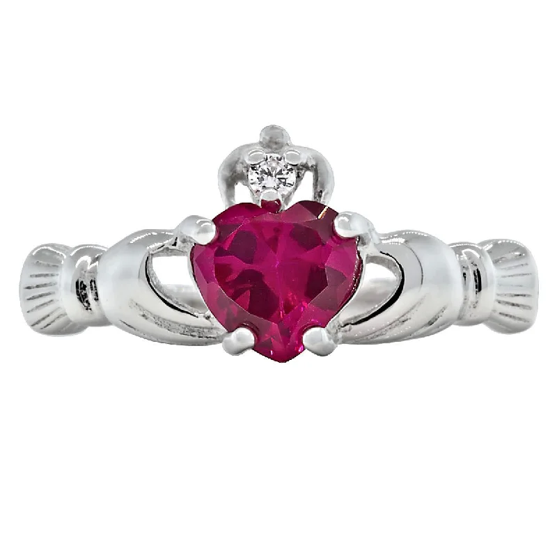 Myrna: 0.765ct Heart cut Ruby Ice CZ Claddagh Promise Ring Silver