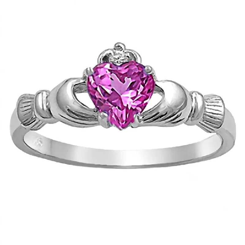 Niam: 0.765ct Heart cut Pink Tourmaline Claddagh Promise Ring Silver