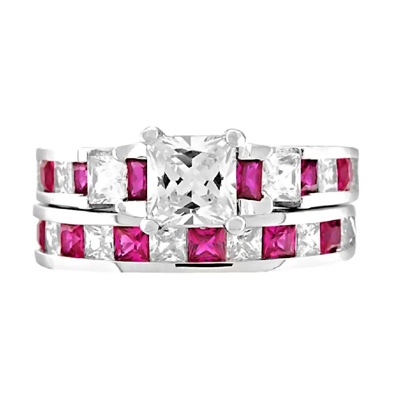 Olicia: 4.35ct created Ruby and Russian Ice CZ Wedding Ring Set