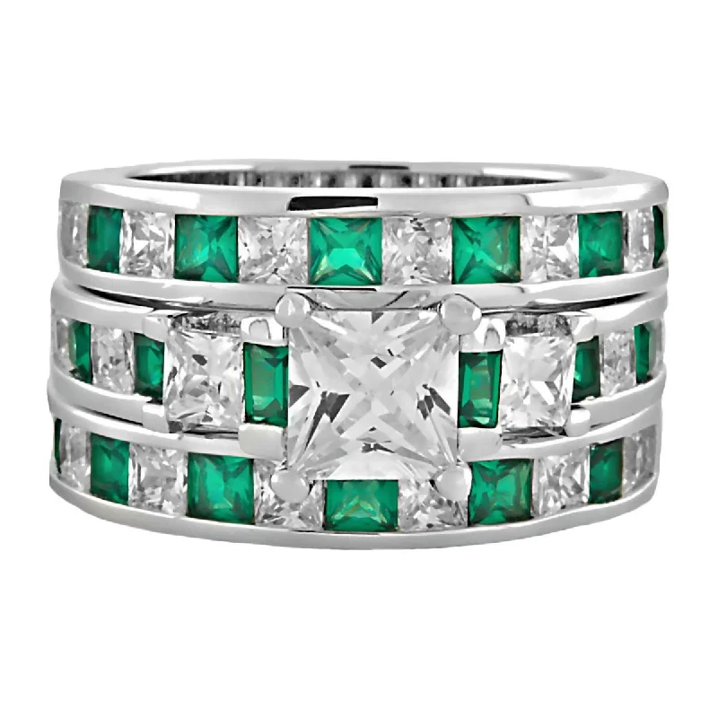 Olympia 3: Stunning 6.56c Emerald Ice Diamond CZ 3 Pc Wedding Ring Set