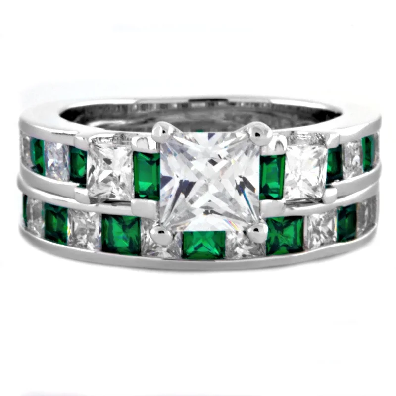 Olympia: Glamorous 4.35ct Emerald and Russian Ice CZ Wedding Ring Set