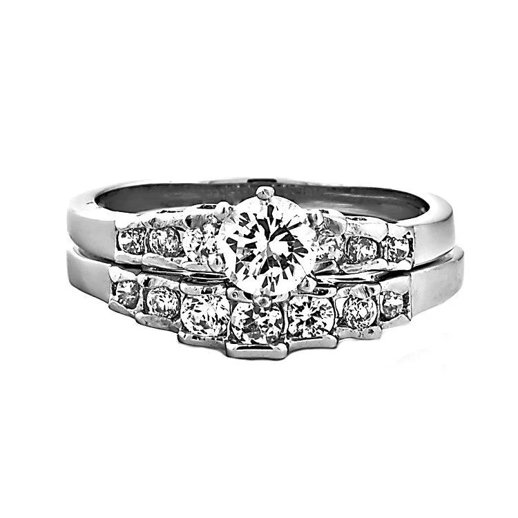 Ophelia: 1.06ct 2 pc Brilliant Cut IOF CZ Wedding Ring Set 316 Steel