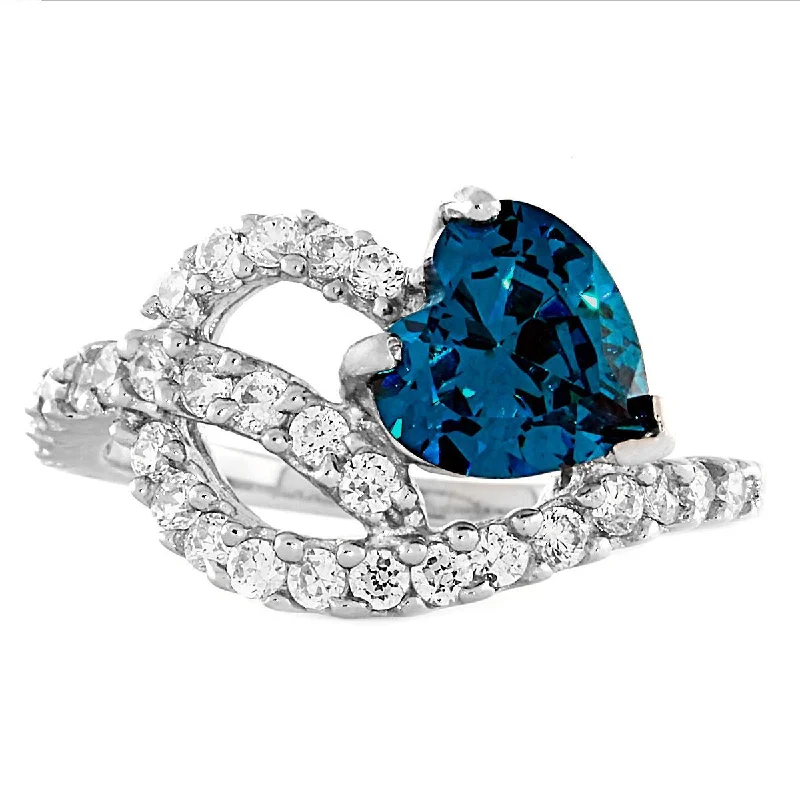 Ottavia: 2.9ct Heart-cut Blue Zircon Ice CZ Heart-n-Heart Promise Ring