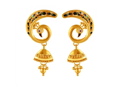 Peacock Shaped 22k Gold Jhumka Earrings With Meenakari Work