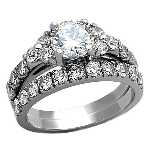 Phoebe: 3.6ct Ice on Fire CZ Shoulder Accented 2 Pc Wedding Ring Set 316 Steel