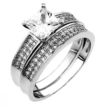 Rimona: IOF CZ Micro Pave Setting 2 Pc. Wedding Ring Set 925 Sterling Silver