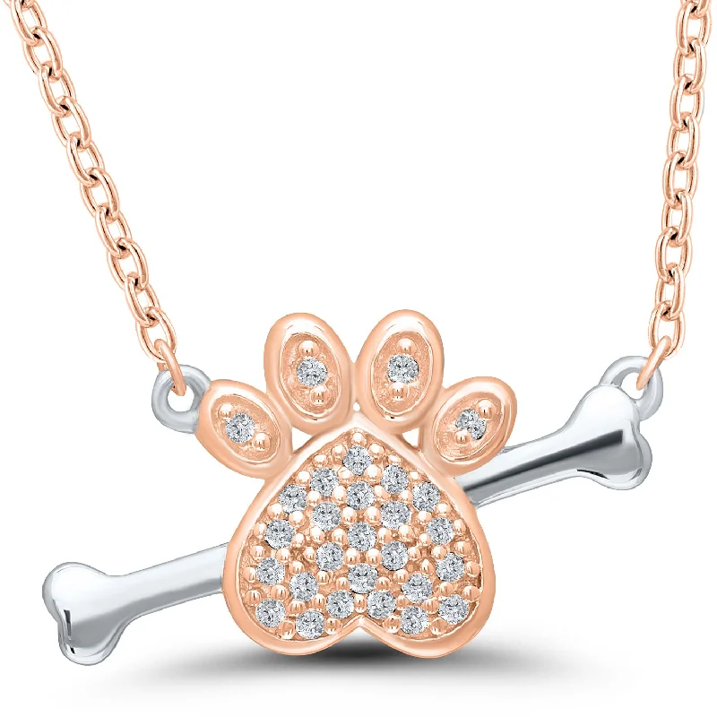 Rose Gold Plated Sterling Silver Diamond Paw and Bone Necklace, 0.10 cttw