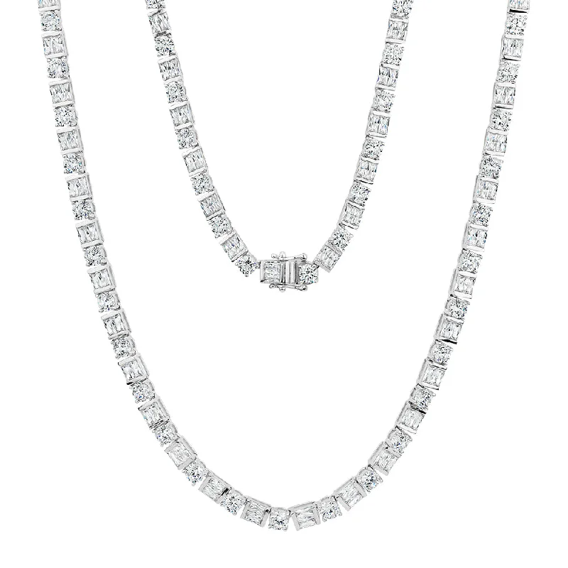 Round Brilliant and Baguette tennis necklace with 22 carats* of diamond simulants in 10 carat white gold