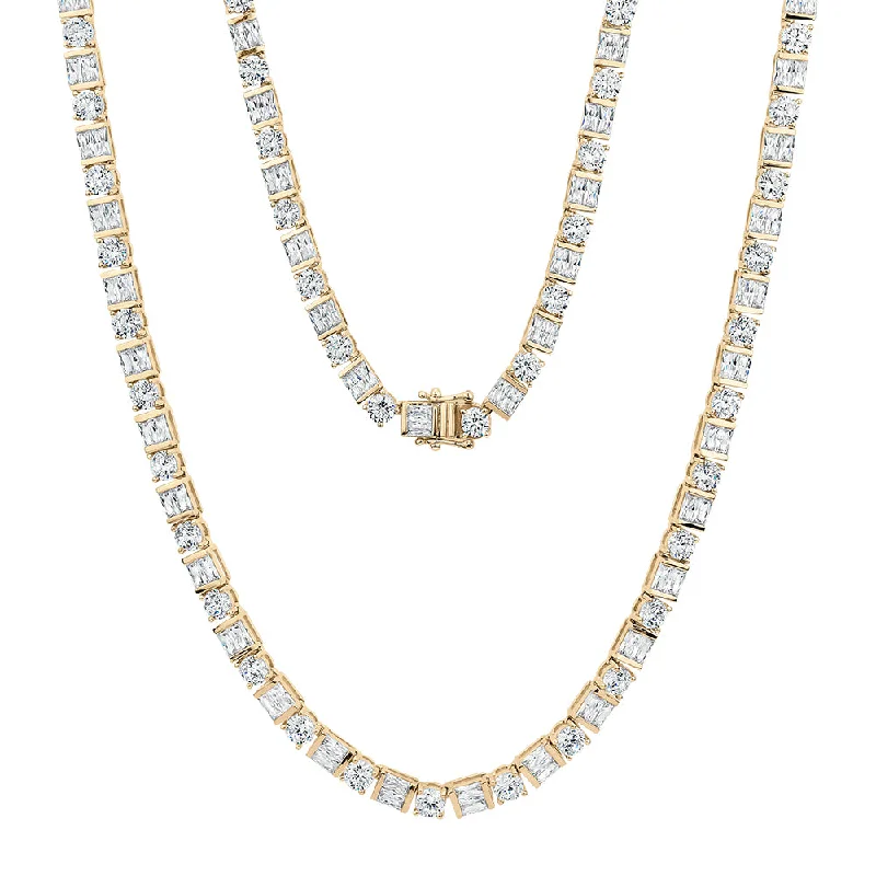 Round Brilliant and Baguette tennis necklace with 22 carats* of diamond simulants in 10 carat yellow gold