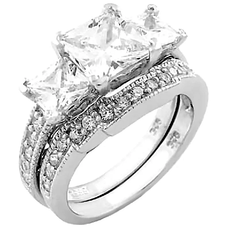 Shekira: 3.9ct Princess Cut 3 Stone Russian Ice CZ Wedding Ring Set