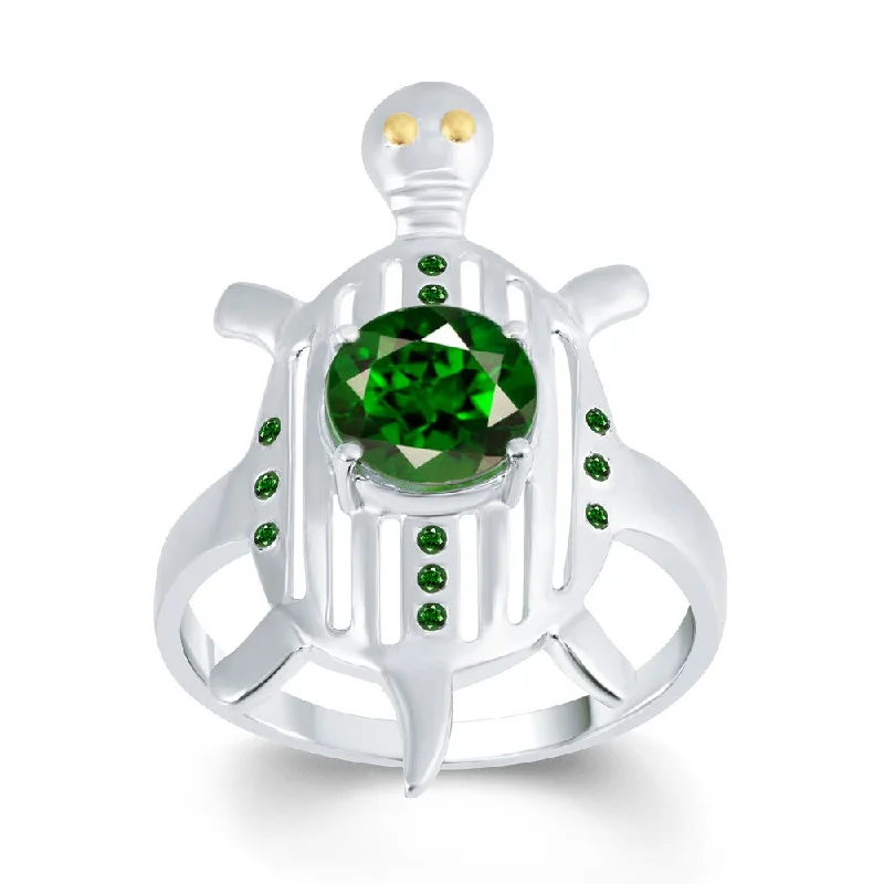 Sterling Silver 1.25ct Created Emerald and Green Diamond Turtle Ring