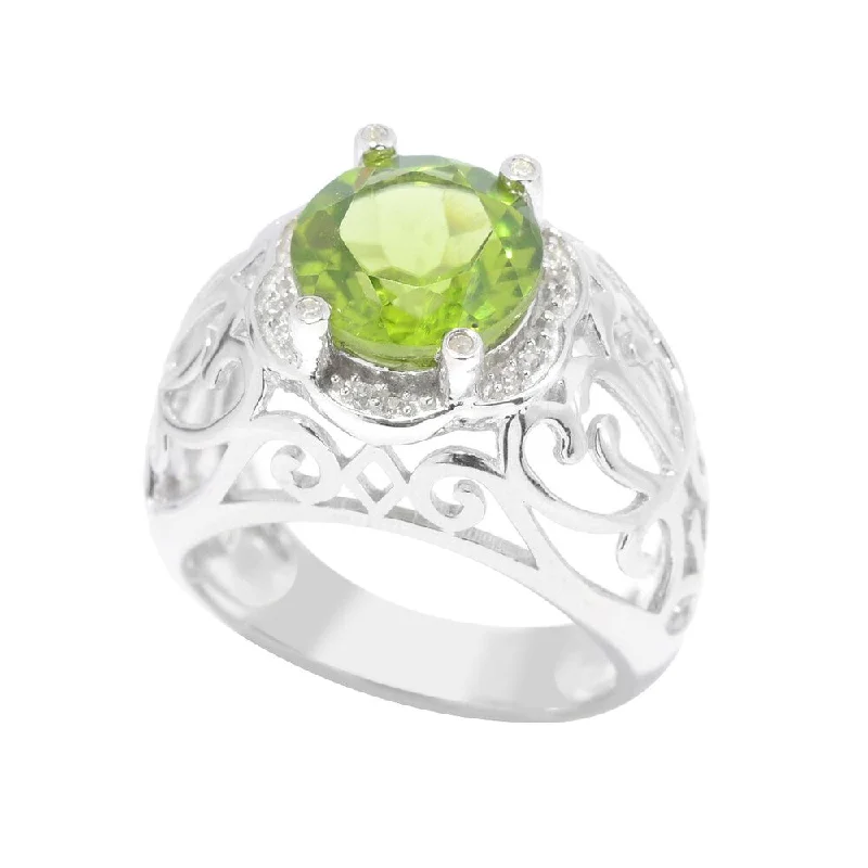 Sterling Silver Peridot and White Zircon Scrollwork Ring