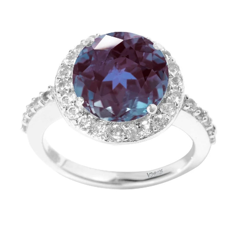 Sterling Silver with Color Changing Alexandrite and White Topaz Halo Ring