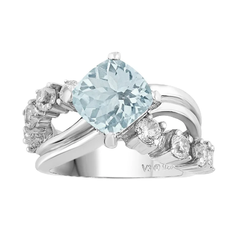 Sterling Silver with Natural Aquamarine and White Topaz Halo Ring