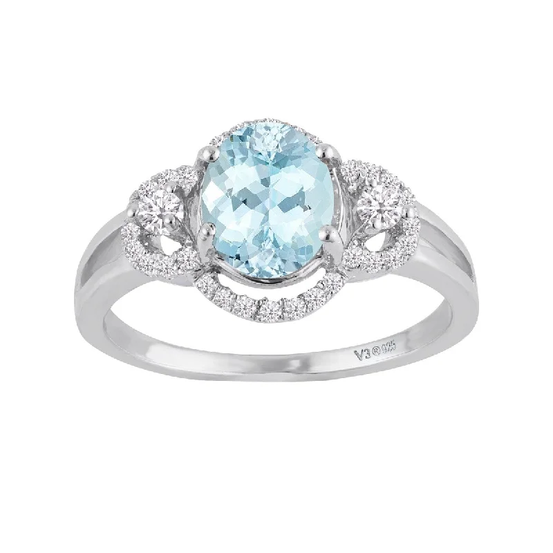 Sterling Silver with Natural Aquamarine and White Zircon Halo Ring