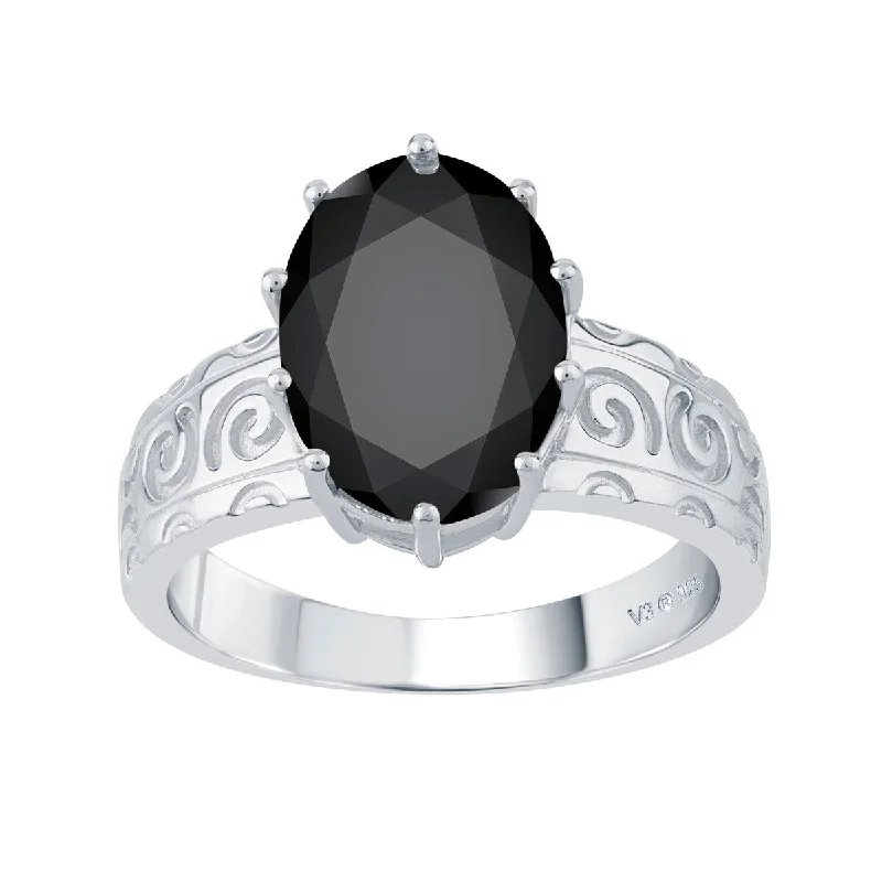 Sterling Silver with Natural Black Spinel Solitaire Swirl Engravework Ring