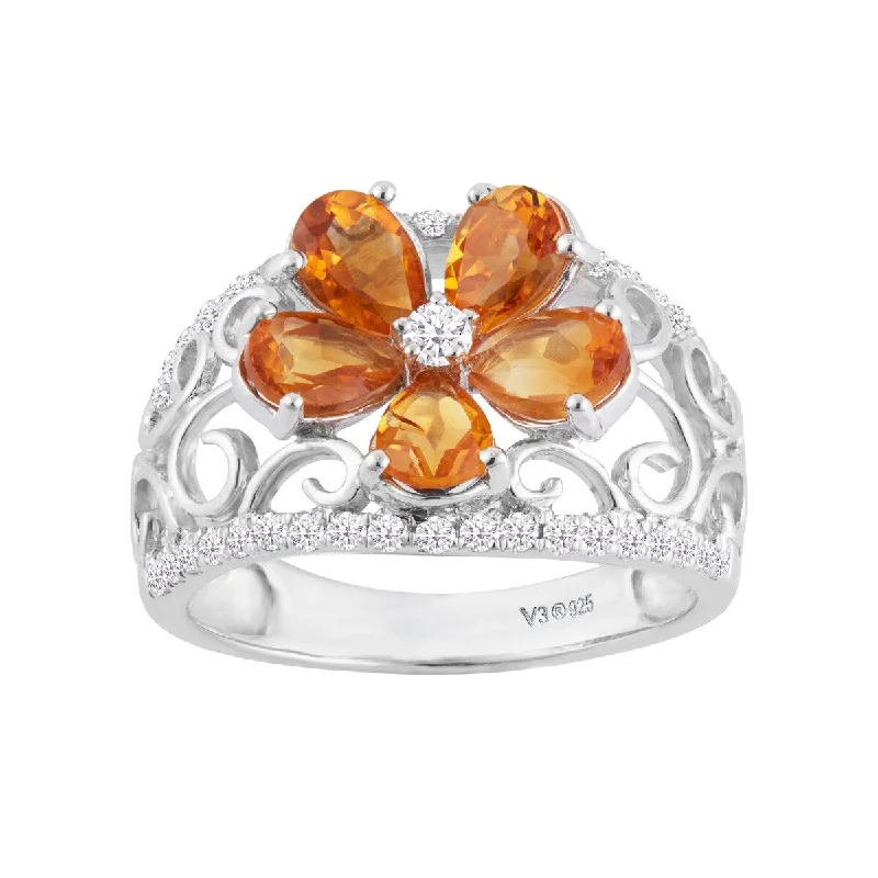 Sterling Silver with Natural Citrine and White Zircon Flower Ring