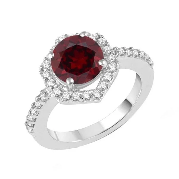 Sterling Silver with Natural Garnet and White Topaz Hexagon Halo Ring