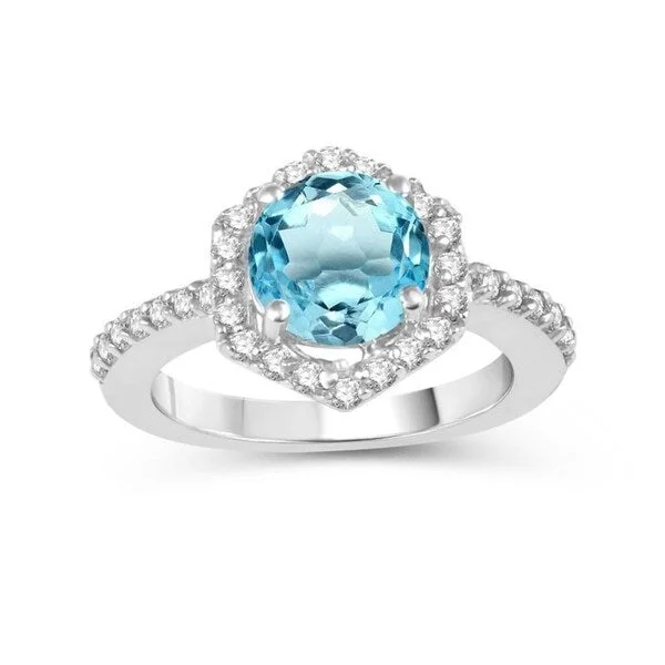 Sterling Silver with Sky Blue Topaz and White Topaz Hexagon Halo Ring