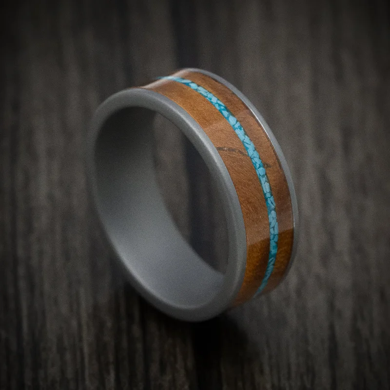 Tantalum Men's Ring with Wood and Turquoise Inlays