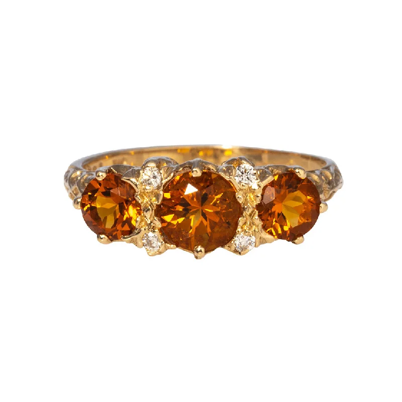 Three Stone Round Citrine & Diamond 14K Yellow Gold Ring