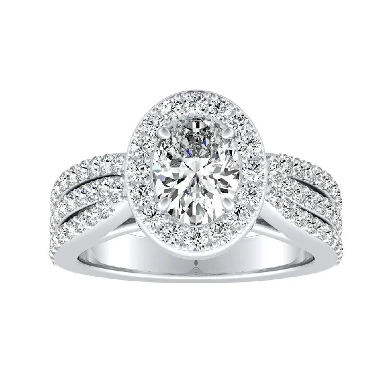 Triple Band Oval-cut Halo Diamond Engagement Ring 1 carat TW 18k Gold by Auriya (H-I, SI1-SI2)