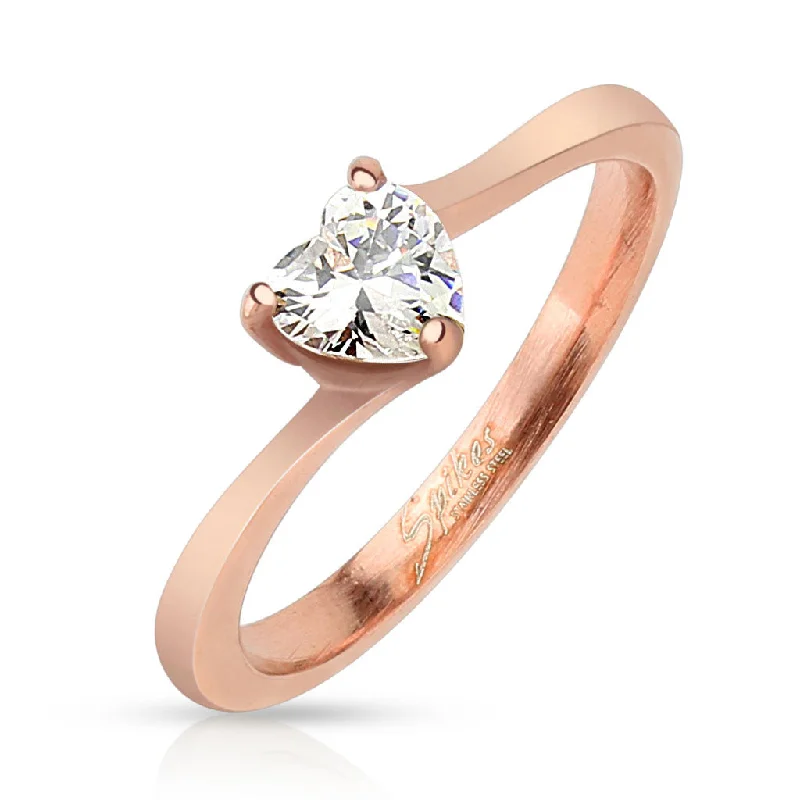 Trixie: IOF CZ Heart Promise Ring 316 Stainless Steel Rose Gold Tone