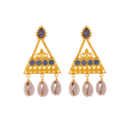 Unique 22k Gold Triangular Earrings With Cowrie Shells