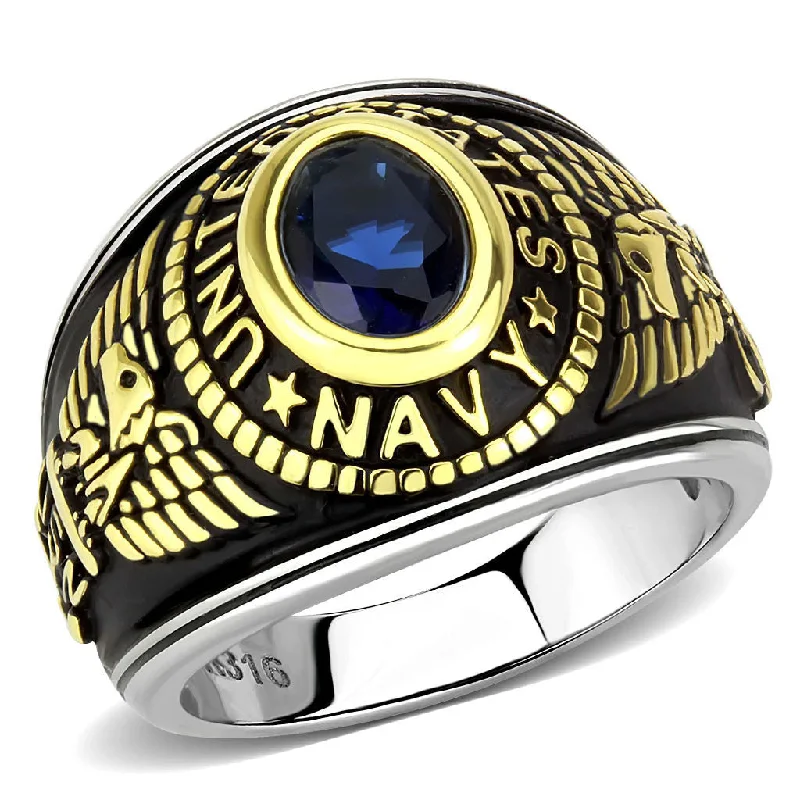 Unisex Simulated Blue Sapphire US Navy Two-Tone Stainless Steel Ring