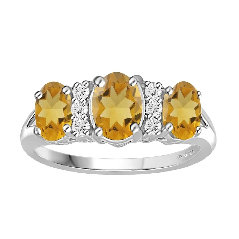 V3 Jewelry 925 Sterling Silver with Oval Shape Natural Citrine and White Topaz Three Stone Ring for Women