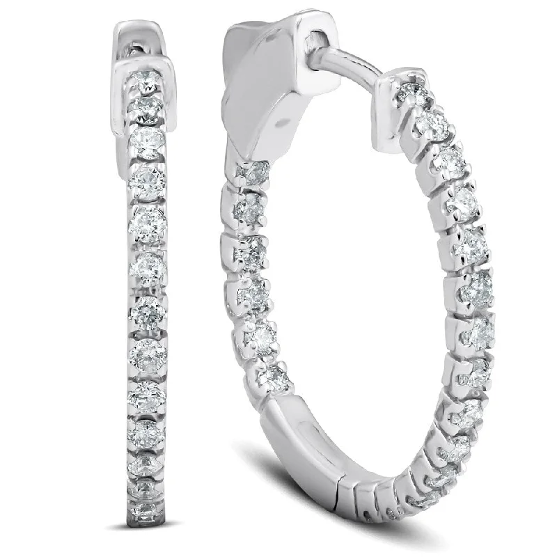 1/2 Ct Diamond Inside Outside Hoops 14k White Gold Vault Lock 1" Tall