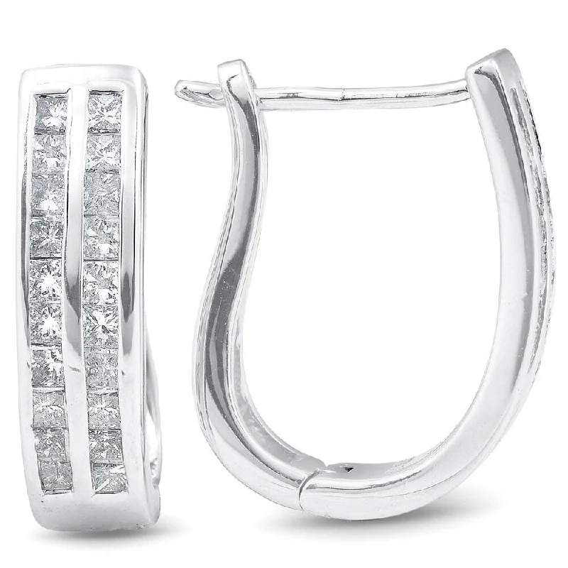 1 cttw Princess Cut Diamond Double Row Hoops 10K White Gold 3/4" Tall