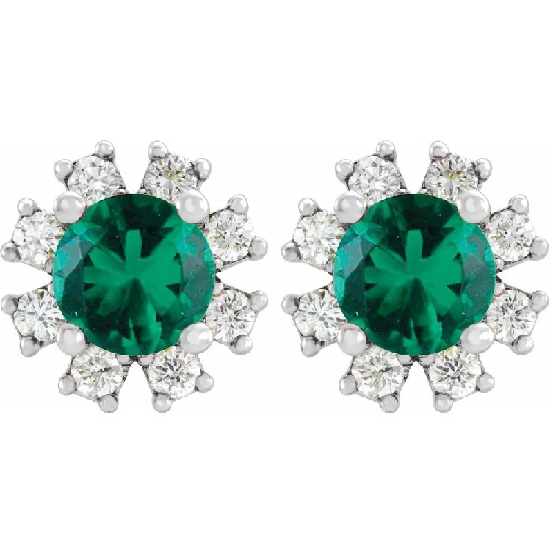 14k White Gold Emerald & .07 CTW Diamond Stud Earring for Women