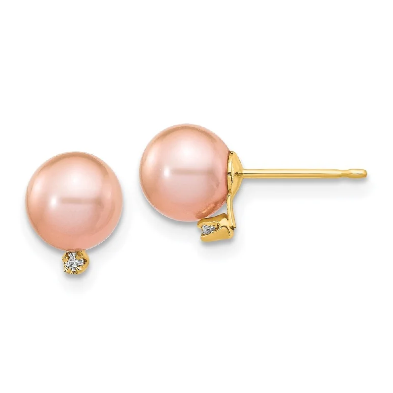 14k Yellow Gold Round Pink Cultured Pearl Diamond Stud Earrings (L-5 mm, W-6 mm)