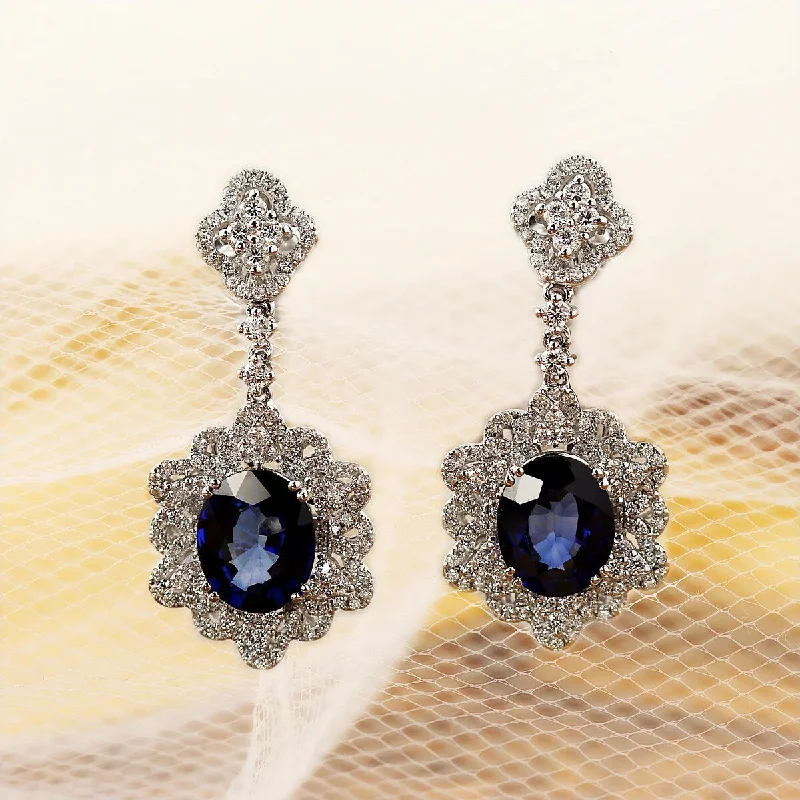 Auriya Fancy 5 3/4ct Royal Blue Sapphire Oval and 1 1/4ctw Dangling Halo Diamond Earrings 18K Gold