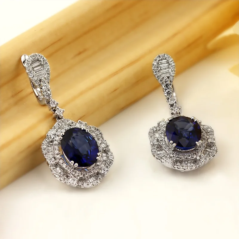 Auriya Fancy 5 9/10ct Royal Blue Sapphire Oval and 2 1/3ctw Halo Diamond Dangle Earrings 18K Gold