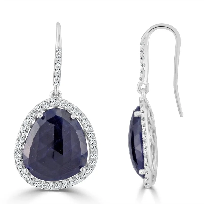 Auriya Fancy Shaped 15ct Blue Sapphire and 1 1/5ctw Halo Diamond Drop Earrings 14k White Gold