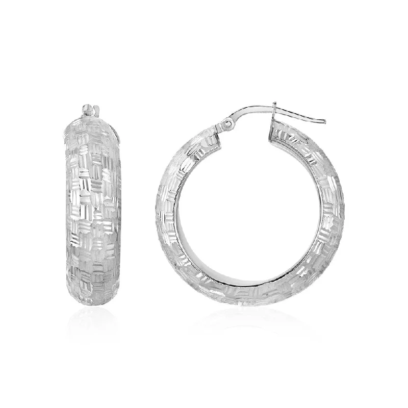 Checker board Motif Textured Domed Hoop Earrings in Sterling Silver