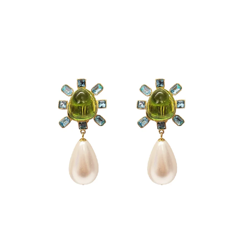 Aqua and Peridot Cabochon Center Pearl Drop Clip Earring