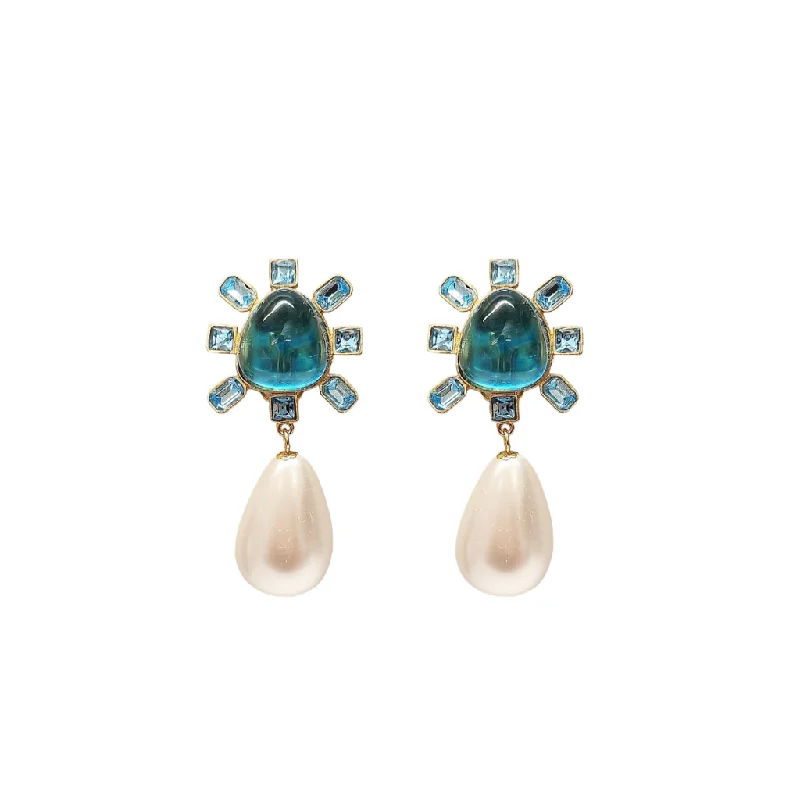 Aqua and Aqua Cabochon Center Pearl Drop Clip Earring