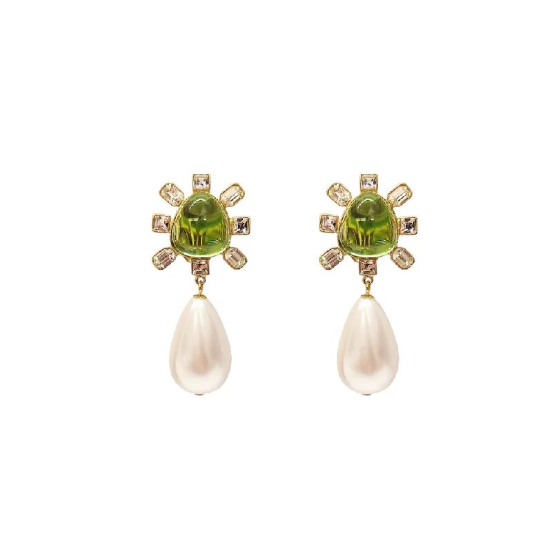 Clear Crystal and Peridot Cabochon Center Pearl Drop Clip Earring