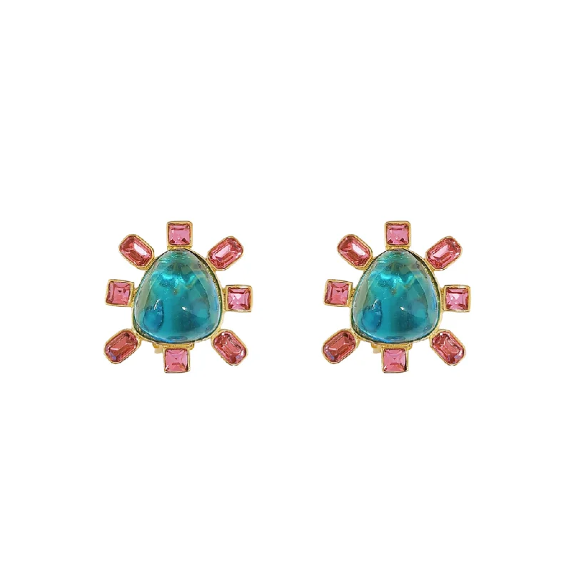 Pink and Aqua Cabochon Center Clip Earring